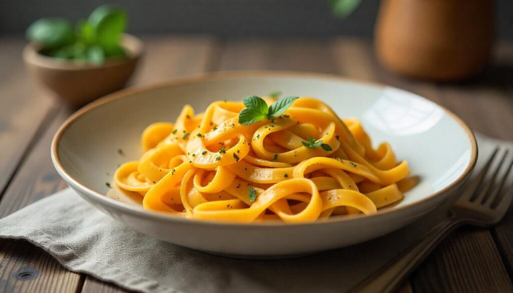 A rustic kitchen with a mound of flour and cracked eggs, a rolling pin, and a pasta machine, showcasing the process of making homemade pasta.