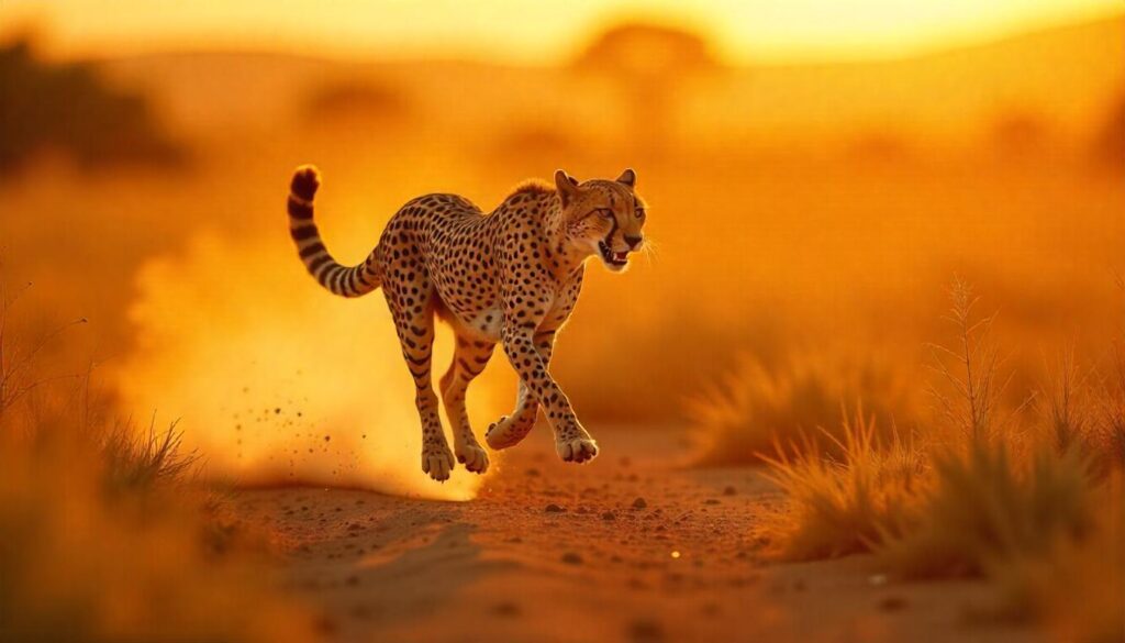 Cheetah: "Cheetah sprinting at high speed on the grassland." Pronghorn: "Pronghorn running across the prairie at top speed." Black Marlin: "Black marlin swimming fast in the ocean." Sailfish: "Sailfish gliding through the water at high speed."