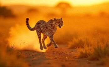 Cheetah: "Cheetah sprinting at high speed on the grassland." Pronghorn: "Pronghorn running across the prairie at top speed." Black Marlin: "Black marlin swimming fast in the ocean." Sailfish: "Sailfish gliding through the water at high speed."