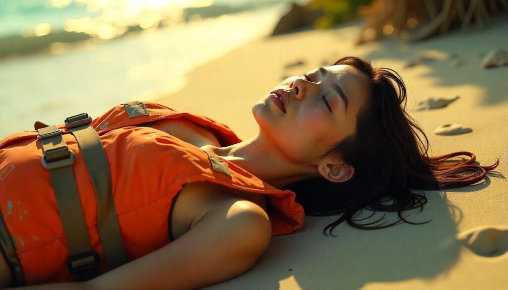 A dehydrated person sitting in a dry, cracked desert landscape under the sun, showing exhaustion and thirst, symbolizing the effects of going without water.