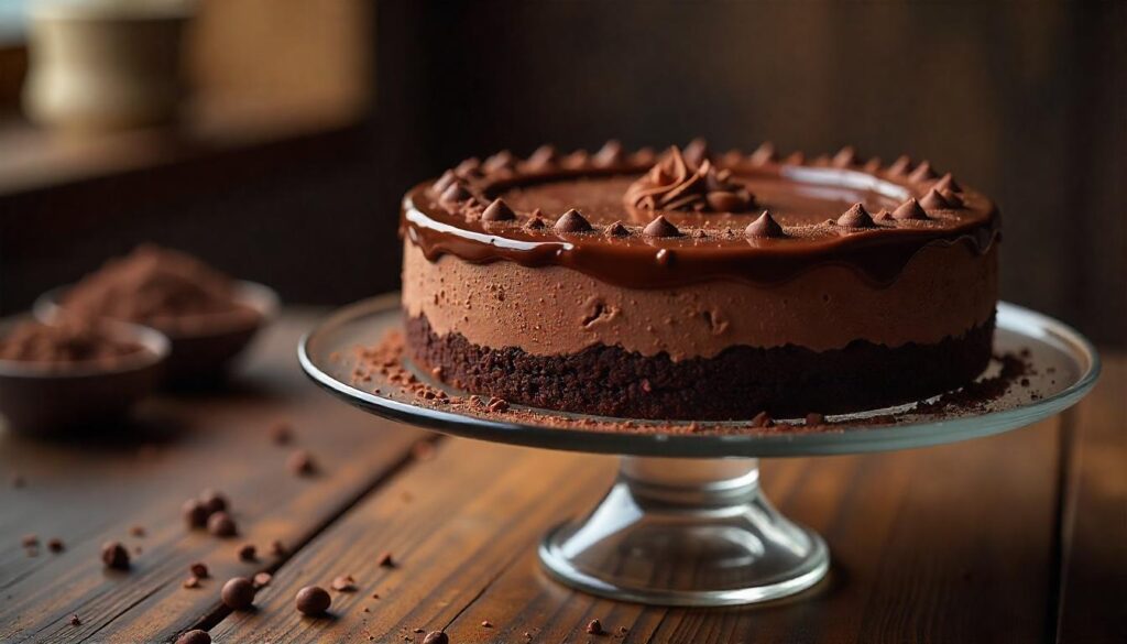 "A whole, creamy cheesecake on a graham cracker crust, highlighting its smooth texture and flawless, crack-free finish."