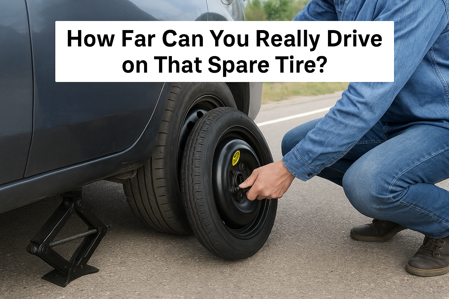 Driver replacing a flat tire with a compact spare tire on the roadside.