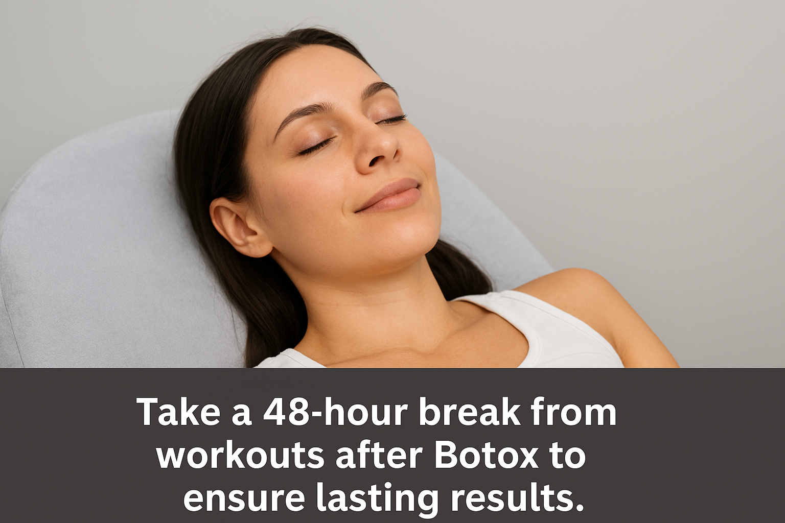 Woman relaxing post-Botox treatment, avoiding exercise.