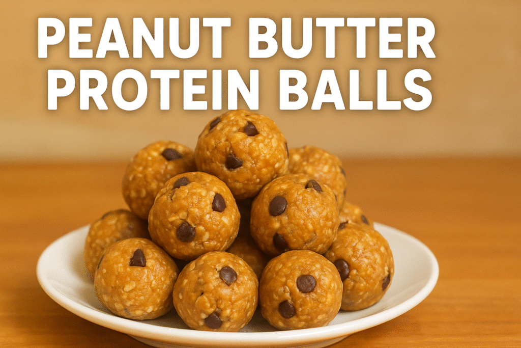 Homemade peanut butter protein balls stacked on a plate