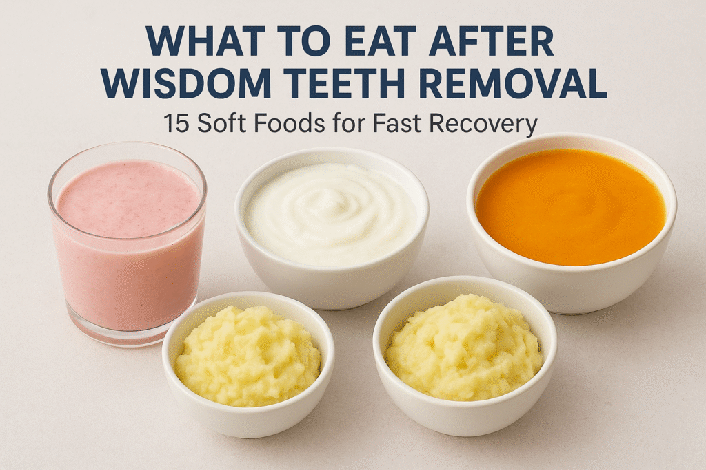 Soft foods to eat after wisdom teeth removal – yogurt, soup, mashed potatoes, and smoothies for a comfortable recovery.