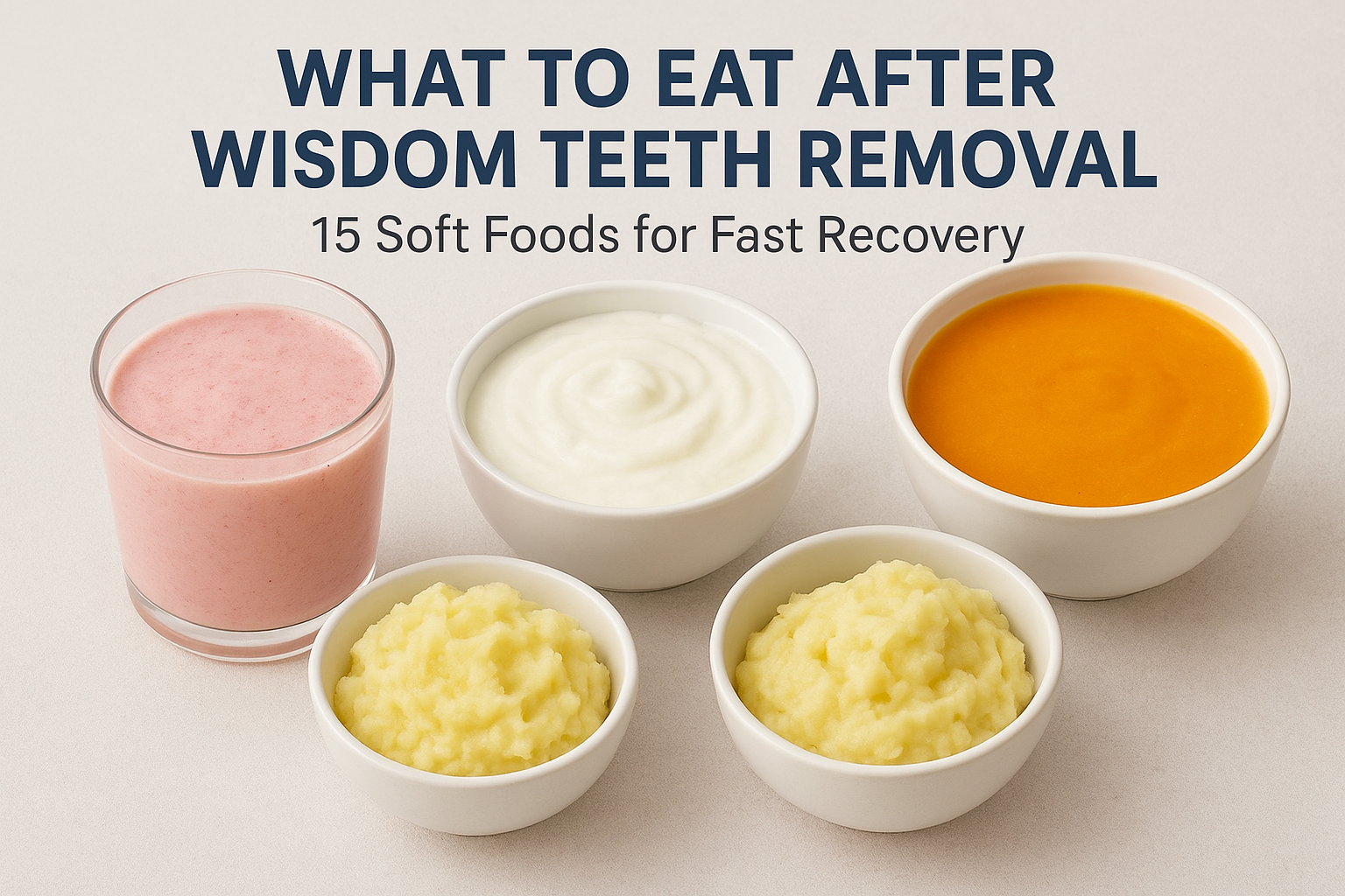 Soft foods to eat after wisdom teeth removal – yogurt, soup, mashed potatoes, and smoothies for a comfortable recovery.