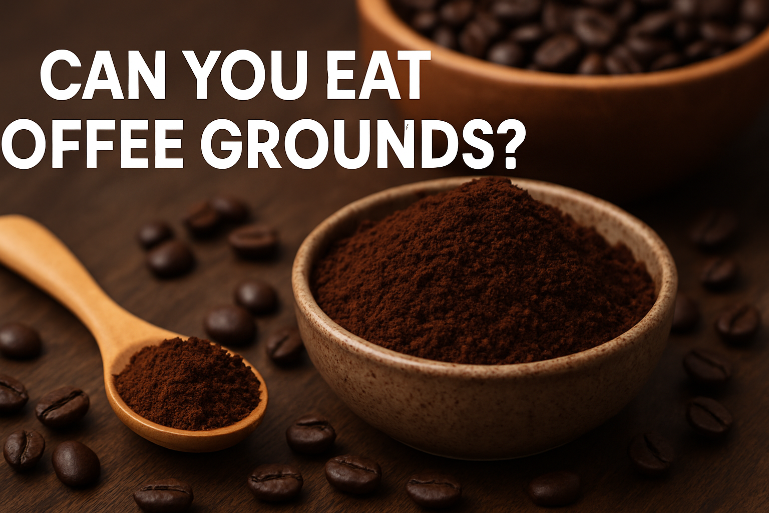 A bowl filled with coffee grounds on a wooden surface, surrounded by coffee beans and a wooden spoon, with the text “Can You Eat Coffee Grounds?” displayed above.