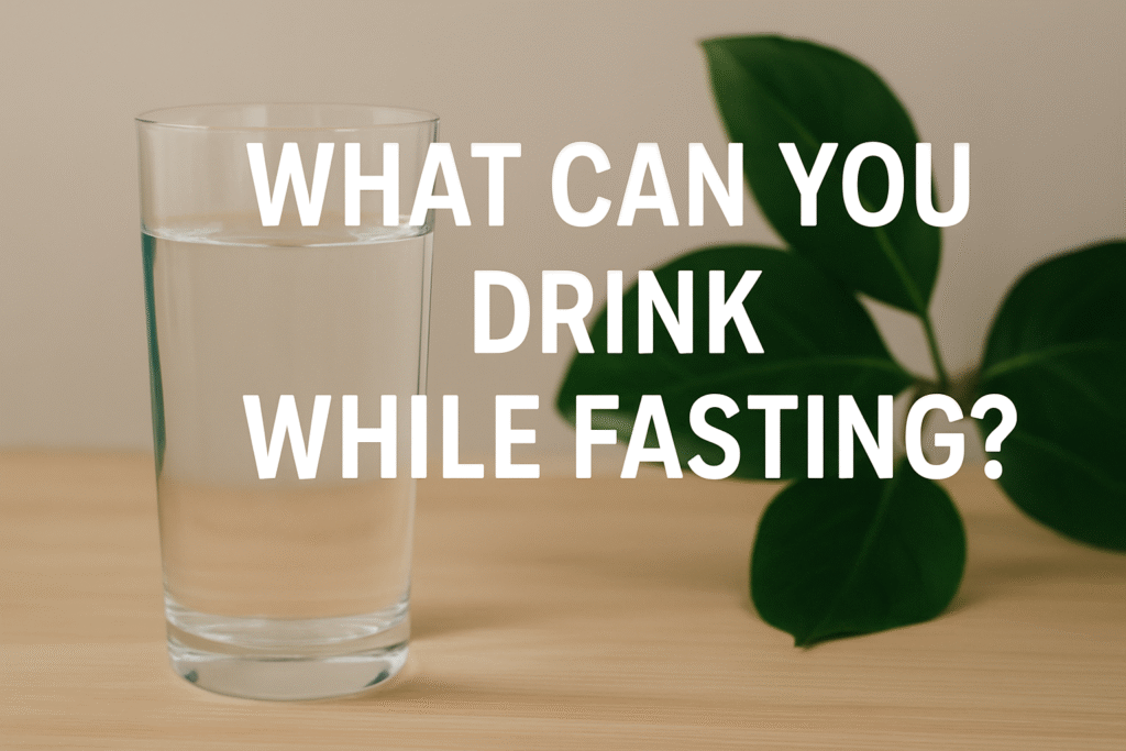 A glass of water with electrolytes, black coffee, and tea placed on a table — illustrating healthy fasting-friendly drinks.