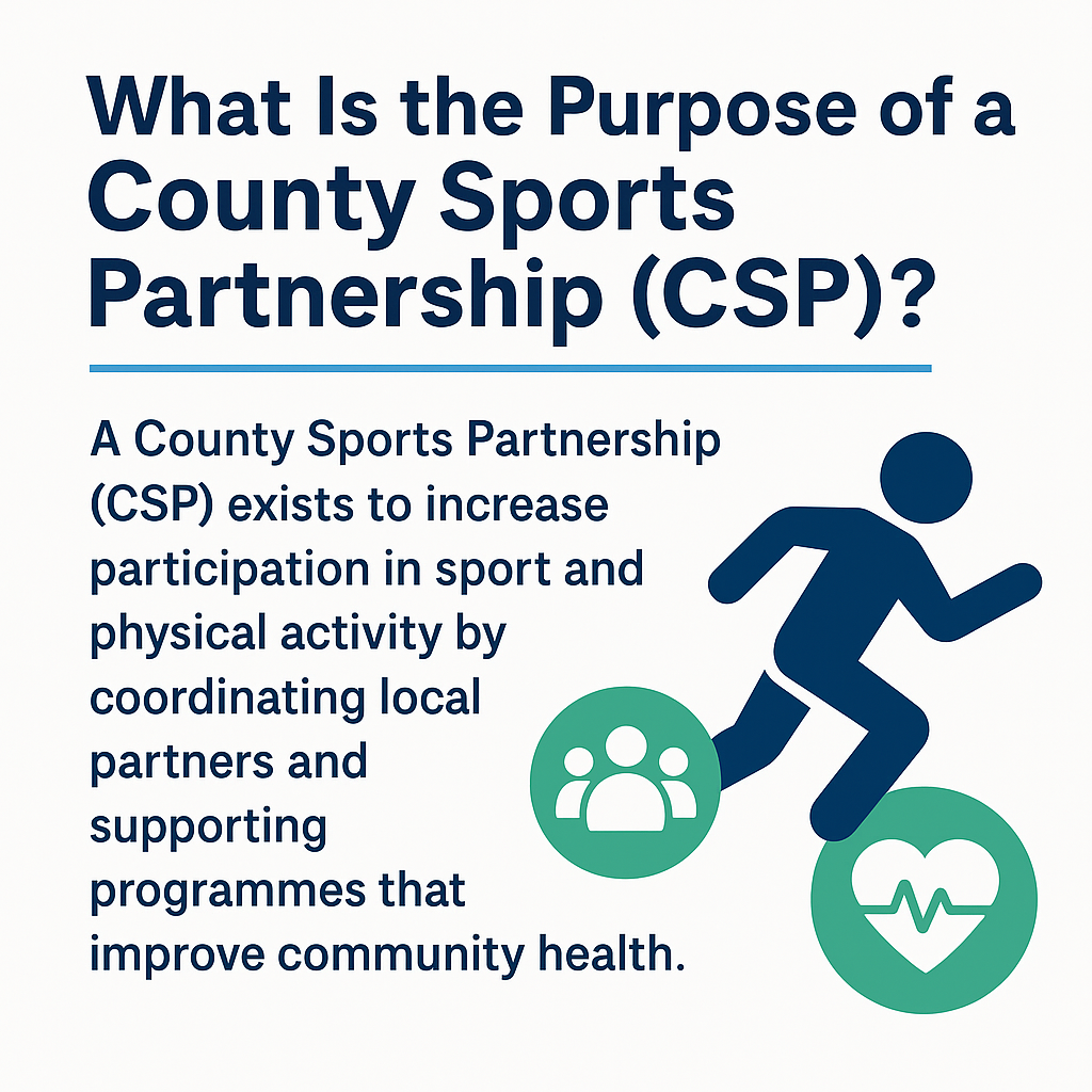 “Illustration showing people being physically active with icons representing community partnerships and health improvement, symbolizing the purpose of County Sports Partnerships (CSPs).”