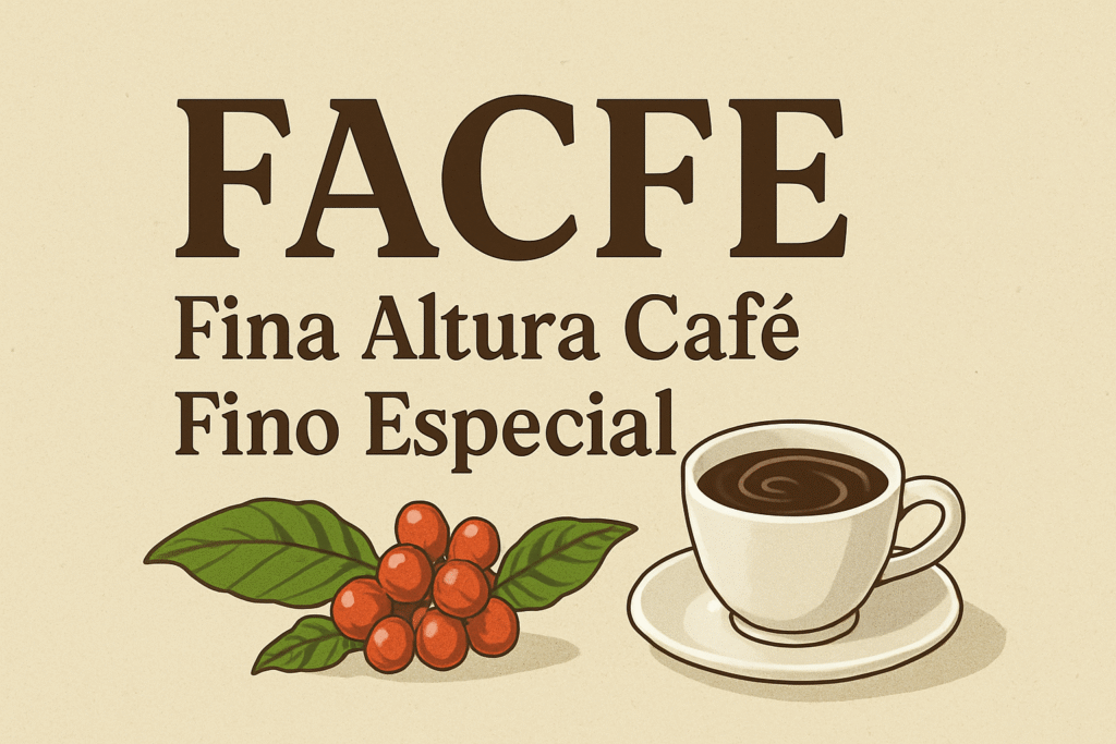 "Illustration of the acronym FACFE with the words Fina Altura Café Fino Especial, featuring a steaming cup of coffee and a branch of red coffee cherries with green leaves on a beige textured background."