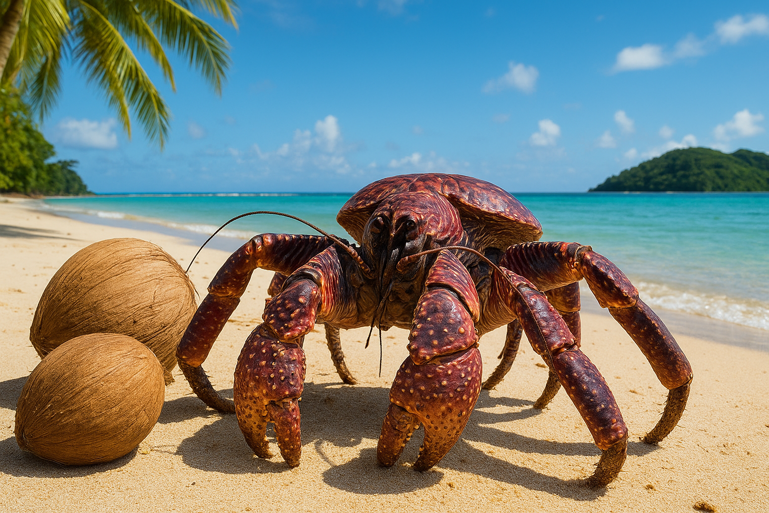 Coconut crab on tropical beach beside coconuts